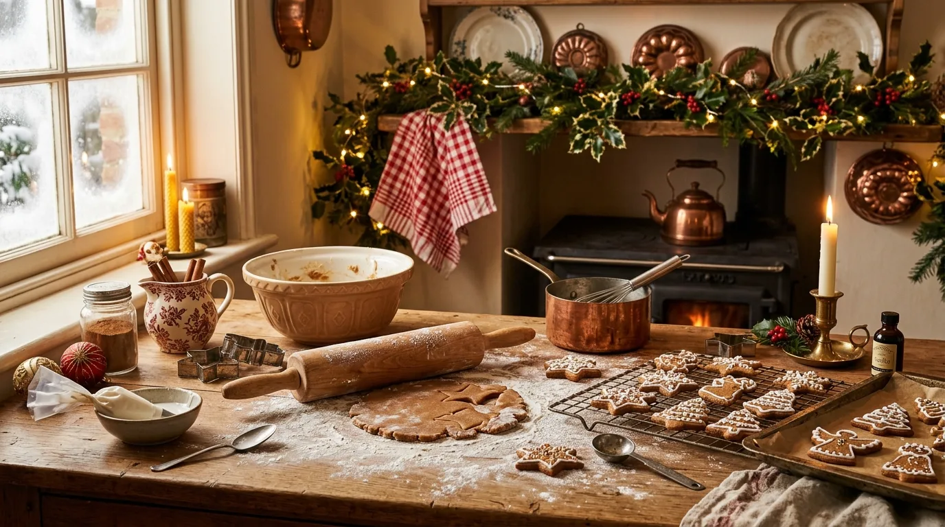 Nostalgic Christmas kitchen with vintage cookware and gingerbread.